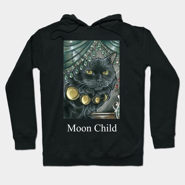 Black Cat - Moon Phases Necklace - Moon Child -White Lettering Hoodie by Nat Ewert Art